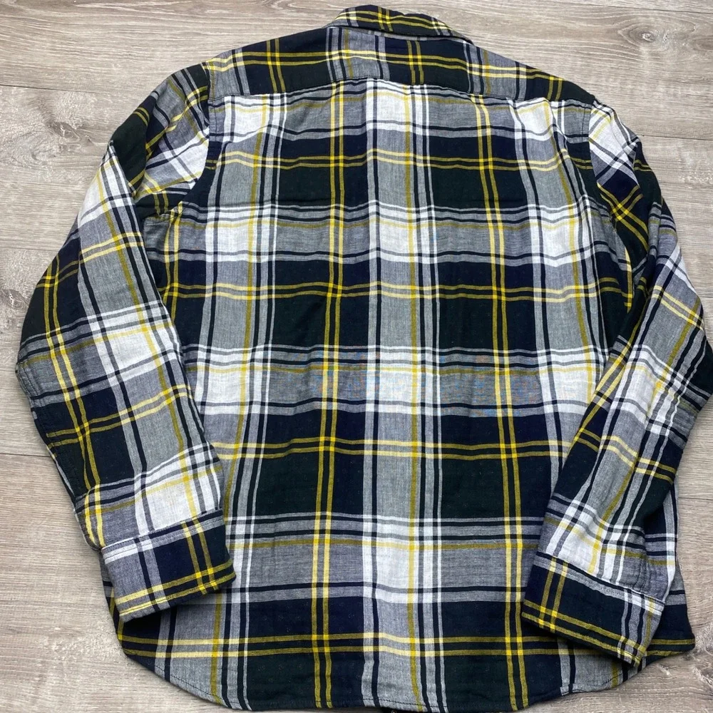 Banana Republic Flannel Shirt Mens L Navy‎ Yellow Good Untucked Slim Fit Plaid